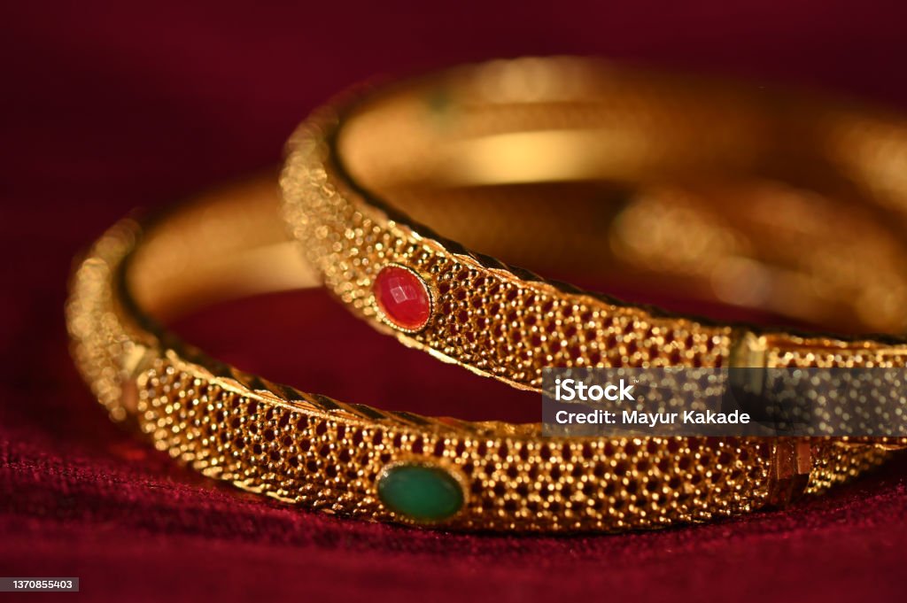 Cutwork Based Pink Green Stone Antique gold Bangle